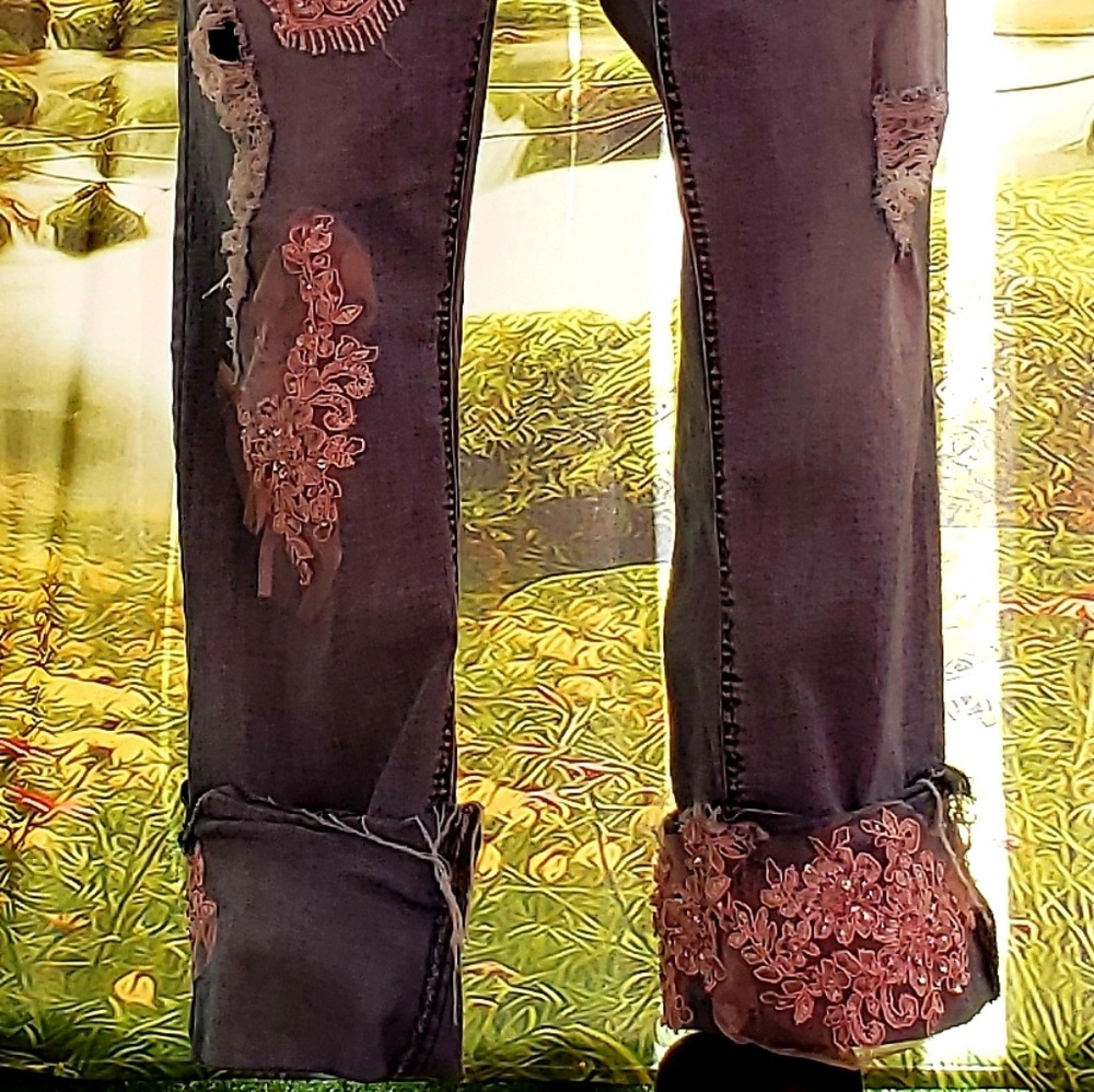 Custom Order Pretty In Pink Lace Applique Jeans - Picture 2 of 6
